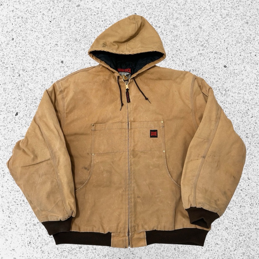 Vintage Tough Duck Bomber Jacket Quilted Lined Tan Canvas Distressed XL Tall